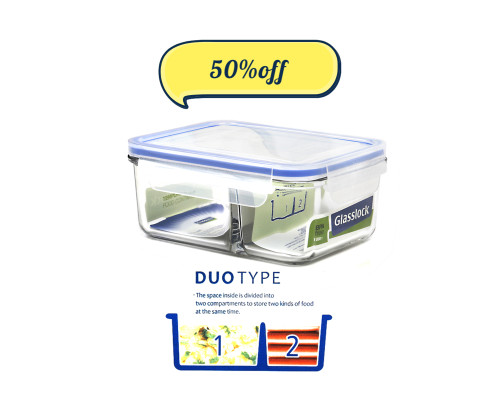 Glasslock Classic DUO Tempered Glass 1000ml Rectangle Divided Container